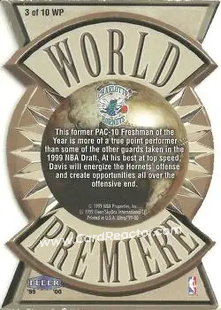 1999-00 Ultra - World Premiere #3 WP - Baron Davis - Charlotte Hornets - Back 1999-00 Ultra - World Premiere #3 WP - Baron Davis - Charlotte Hornets - Back