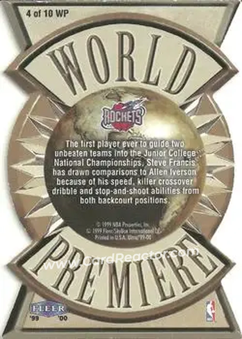 1999-00 Ultra - World Premiere #4 WP - Steve Francis - Houston Rockets - Back 1999-00 Ultra - World Premiere #4 WP - Steve Francis - Houston Rockets - Back