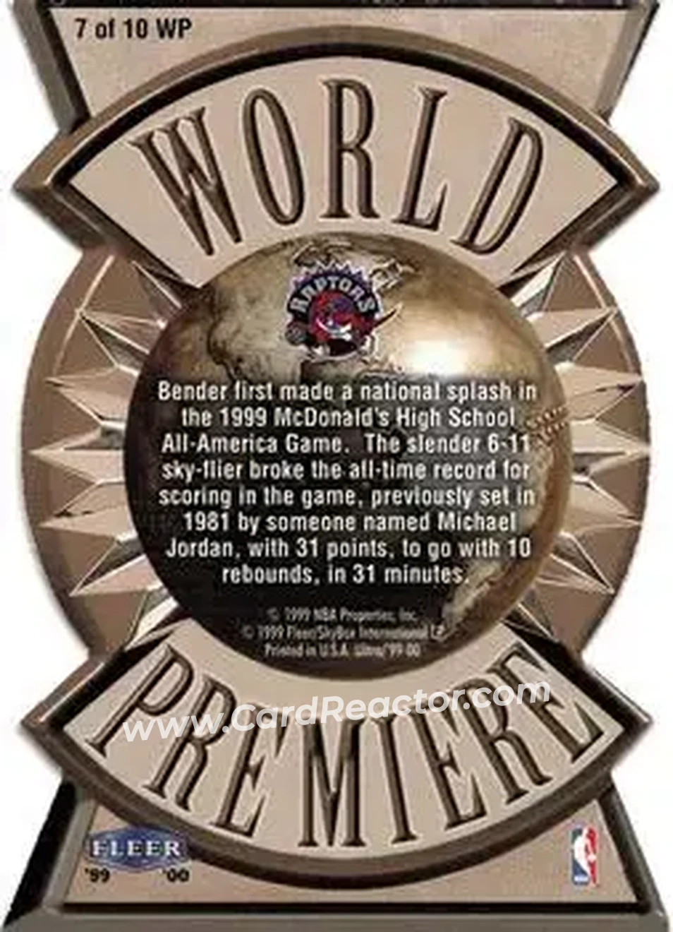 1999-00 Ultra - World Premiere #7 WP - Jonathan Bender - Indiana Pacers - Back