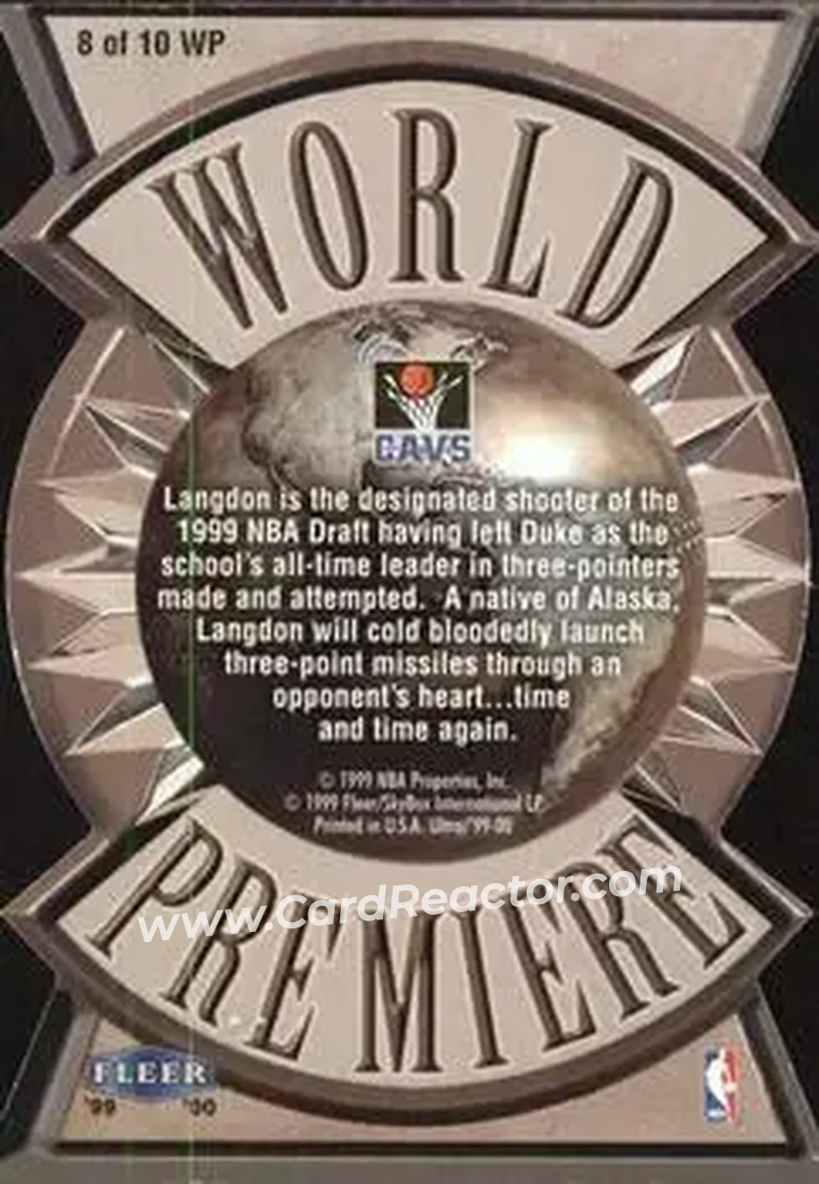 1999-00 Ultra - World Premiere #8 WP - Trajan Langdon - Cleveland Cavaliers - Back 1999-00 Ultra - World Premiere #8 WP - Trajan Langdon - Cleveland Cavaliers - Back