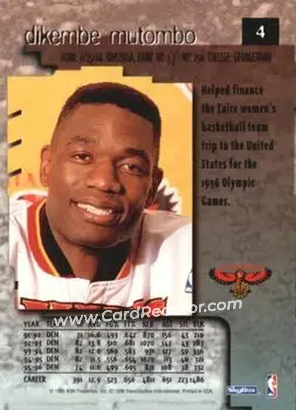 1996-97 SkyBox Premium - Premium Rubies #4 - Dikembe Mutombo - Atlanta Hawks - Back 1996-97 SkyBox Premium - Premium Rubies #4 - Dikembe Mutombo - Atlanta Hawks - Back