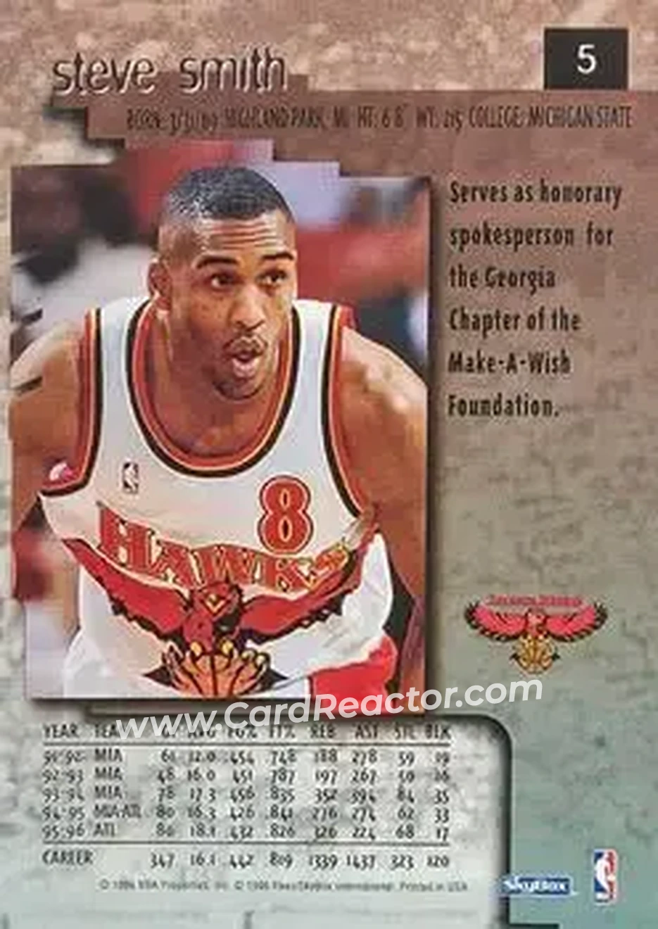 1996-97 SkyBox Premium - Premium Rubies #5 - Steve Smith - Atlanta Hawks - Back 1996-97 SkyBox Premium - Premium Rubies #5 - Steve Smith - Atlanta Hawks - Back