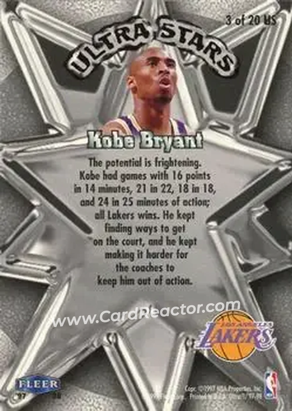1997-98 Ultra - Ultra Stars #3 US - Kobe Bryant - Los Angeles Lakers - Back