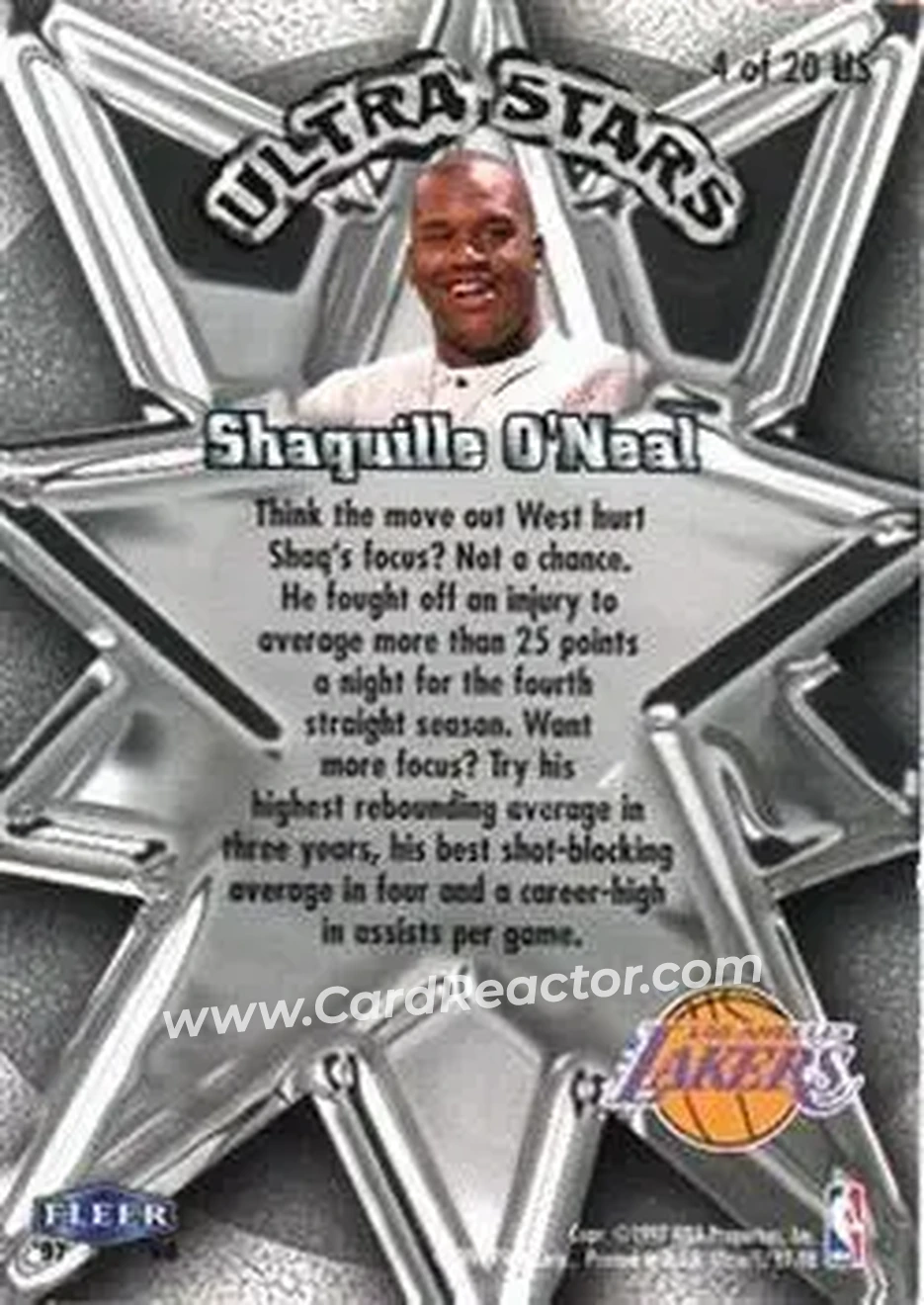 1997-98 Ultra - Ultra Stars #4 US - Shaquille O'Neal - Los Angeles Lakers - Back 1997-98 Ultra - Ultra Stars #4 US - Shaquille O'Neal - Los Angeles Lakers - Back