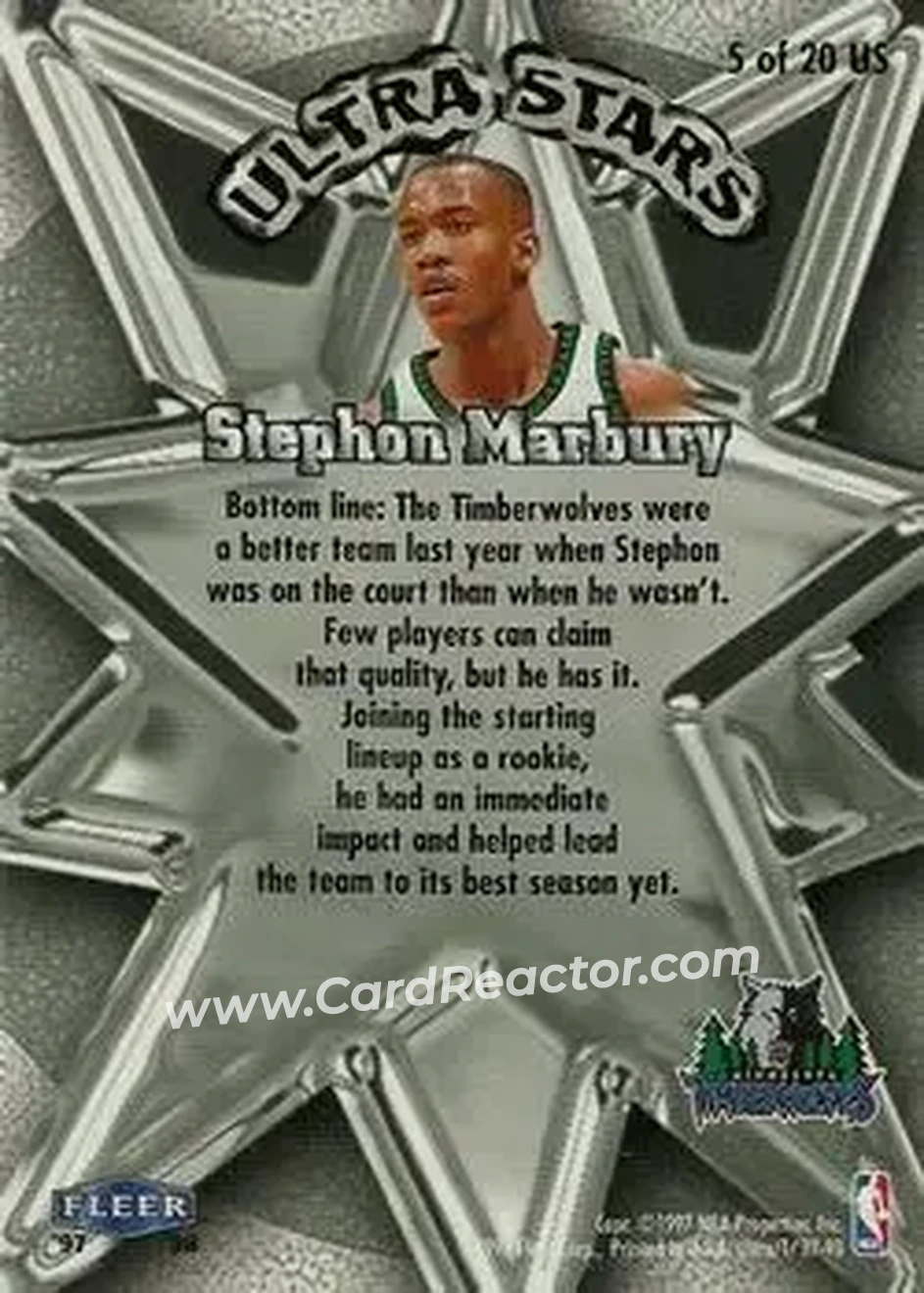 1997-98 Ultra - Ultra Stars #5 US - Stephon Marbury - Minnesota Timberwolves - Back 1997-98 Ultra - Ultra Stars #5 US - Stephon Marbury - Minnesota Timberwolves - Back