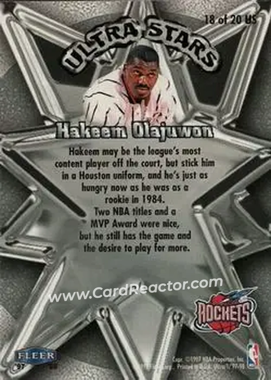 1997-98 Ultra - Ultra Stars #18 US - Hakeem Olajuwon - Houston Rockets - Back