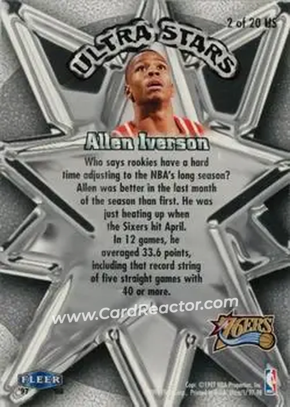 1997-98 Ultra - Ultra Stars Gold #2 US - Allen Iverson - Philadelphia 76ers - Back