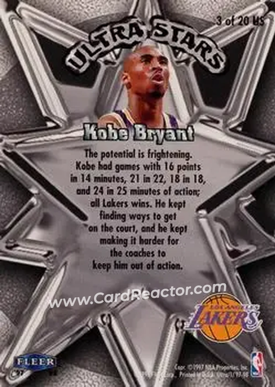 1997-98 Ultra - Ultra Stars Gold #3 US - Kobe Bryant - Los Angeles Lakers - Back