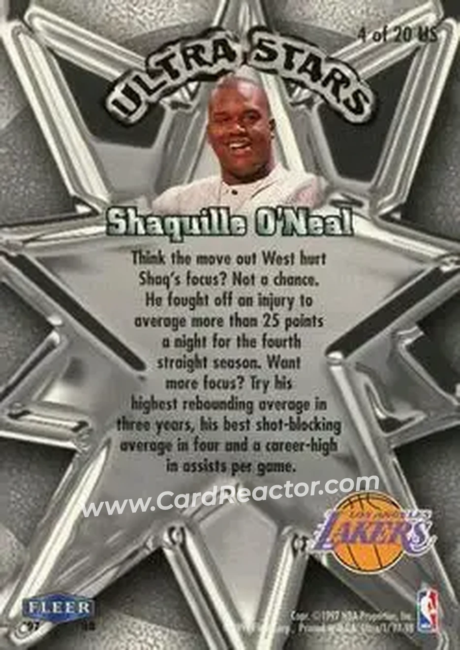 1997-98 Ultra - Ultra Stars Gold #4 US - Shaquille O'Neal - Los Angeles Lakers - Back 1997-98 Ultra - Ultra Stars Gold #4 US - Shaquille O'Neal - Los Angeles Lakers - Back