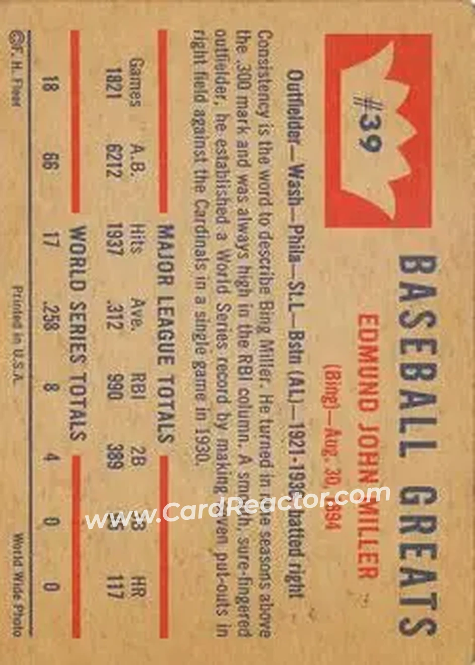 1960 Fleer Baseball Greats #39 - Edmund “Bing” Miller - Back 1960 Fleer Baseball Greats #39 - Edmund “Bing” Miller - Back