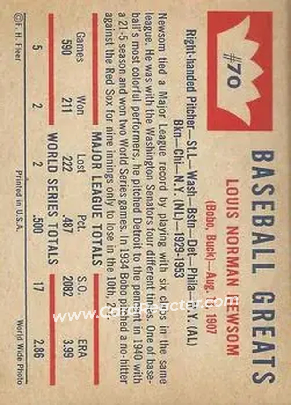 1960 Fleer Baseball Greats #70 - Bobo Newsom - Back