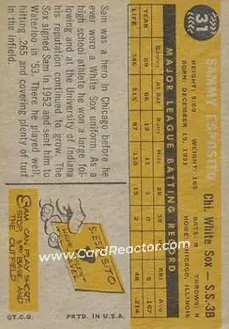 1960 Topps Venezuelan #31 - Sam Esposito - Chicago White Sox - Back 1960 Topps Venezuelan #31 - Sam Esposito - Chicago White Sox - Back