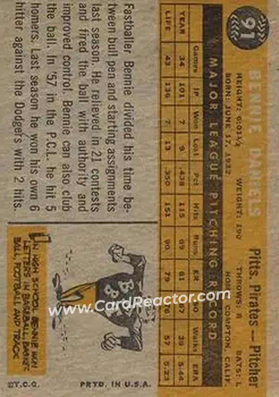 1960 Topps Venezuelan #91 - Bennie Daniels - Pittsburgh Pirates - Back 1960 Topps Venezuelan #91 - Bennie Daniels - Pittsburgh Pirates - Back