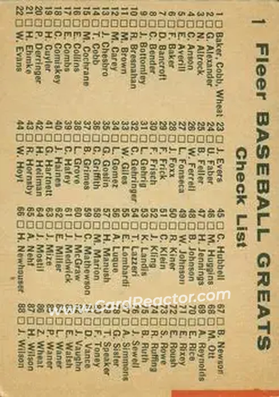 1961 Fleer Baseball Greats (F418-3) #1 - Frank Baker - Ty Cobb - Zack Wheat CL - Philadelphia Athletics - Detroit Tigers - Brooklyn Dodgers - Back