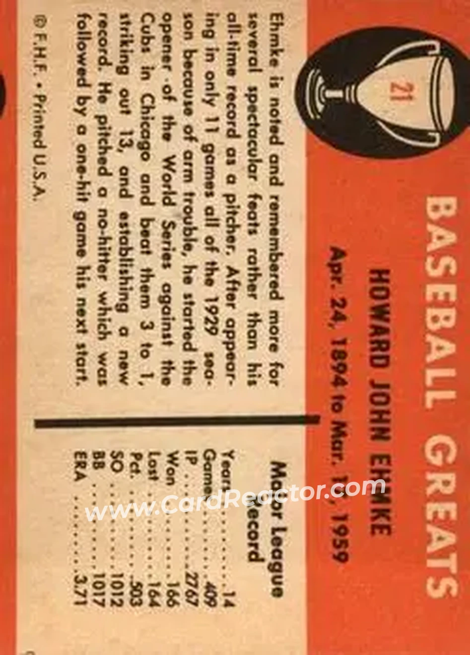 1961 Fleer Baseball Greats (F418-3) #21 - Howard Ehmke - Detroit Tigers - Back