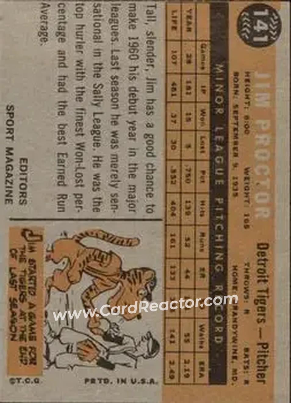 1960 Topps Venezuelan #141 - Jim Proctor - Detroit Tigers - Back