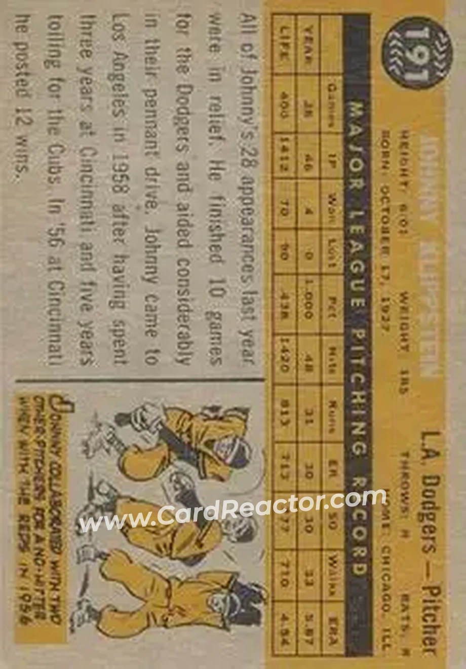 1960 Topps Venezuelan #191 - Johnny Klippstein - Los Angeles Dodgers - Back 1960 Topps Venezuelan #191 - Johnny Klippstein - Los Angeles Dodgers - Back