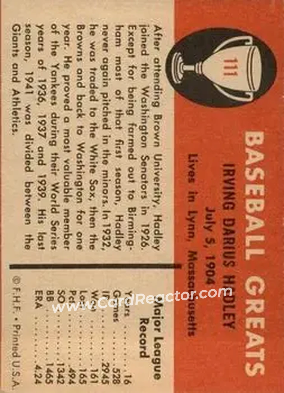 1961 Fleer Baseball Greats (F418-3) #111 - Irving “Bump” Hadley - New York Yankees - Back