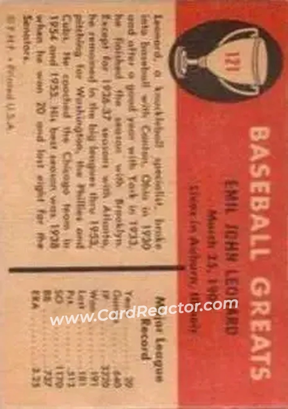 1961 Fleer Baseball Greats (F418-3) #121 - Emil Leonard - Brooklyn Dodgers - Back
