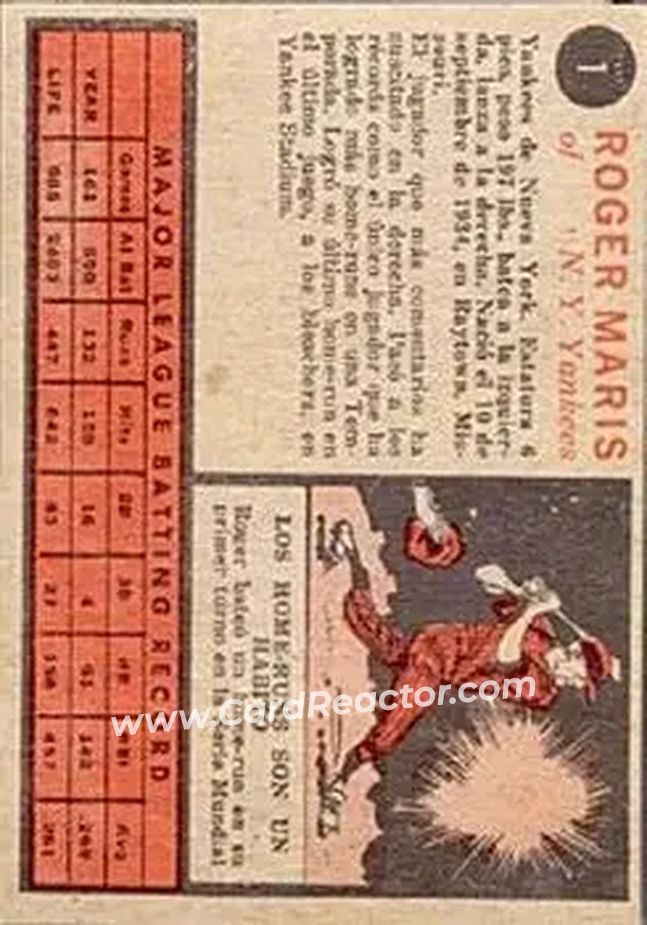 1962 Topps Venezuelan #1 - Roger Maris - New York Yankees - Back 1962 Topps Venezuelan #1 - Roger Maris - New York Yankees - Back