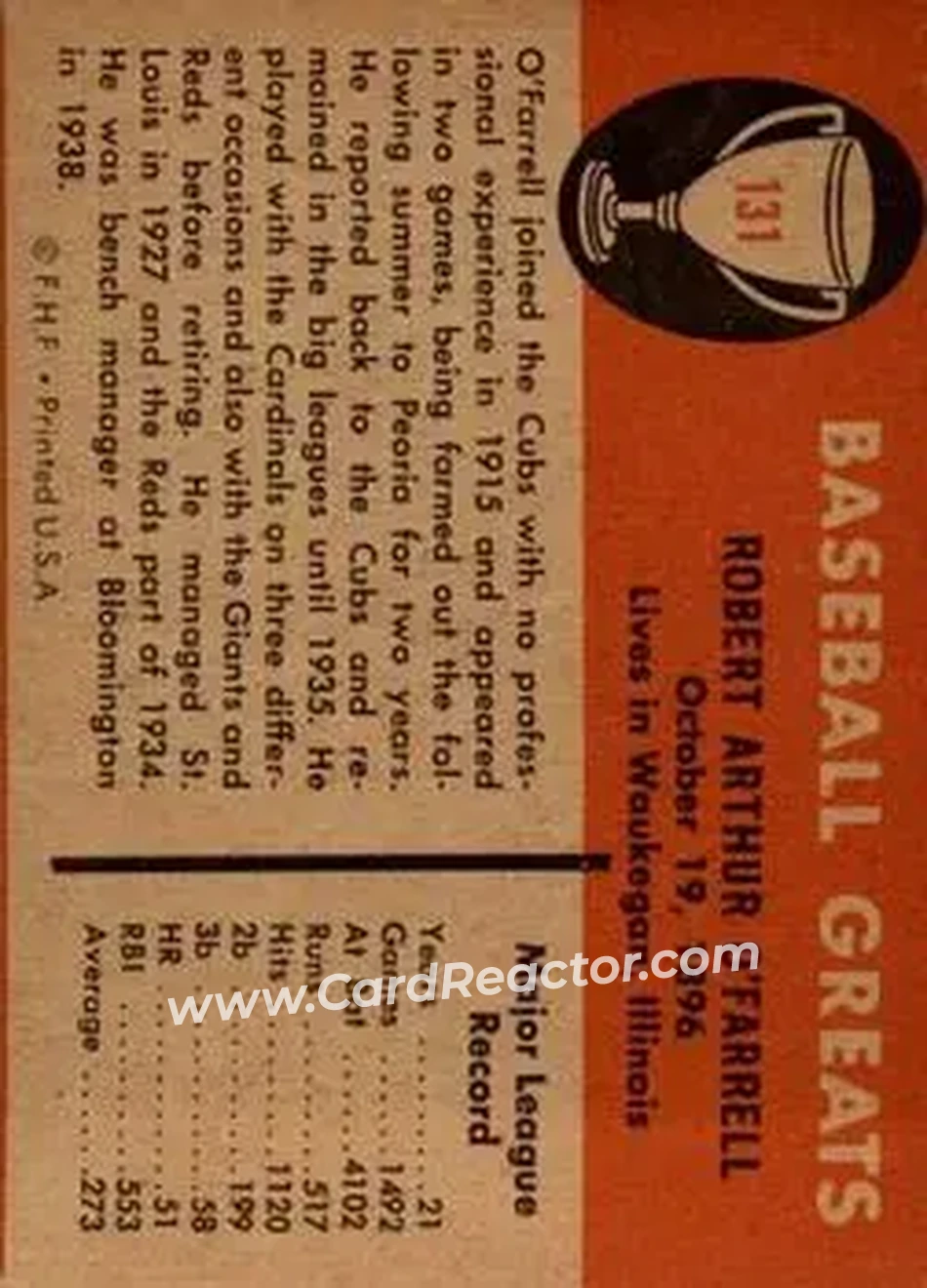1961 Fleer Baseball Greats (F418-3) #131 - Bob O'Farrell - Cincinnati Reds - Back