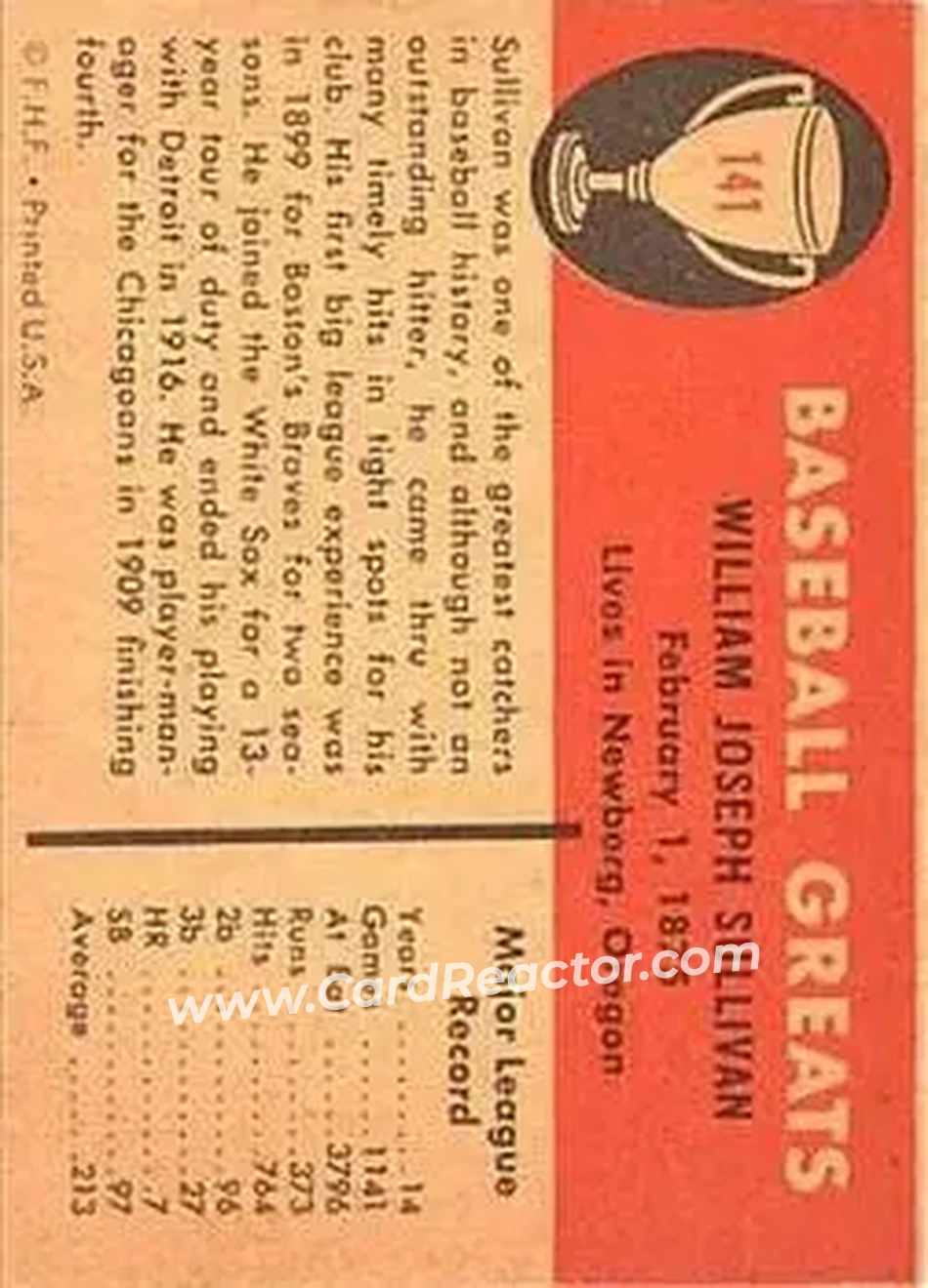 1961 Fleer Baseball Greats (F418-3) #141 - Billy Sullivan - Chicago White Sox - Back