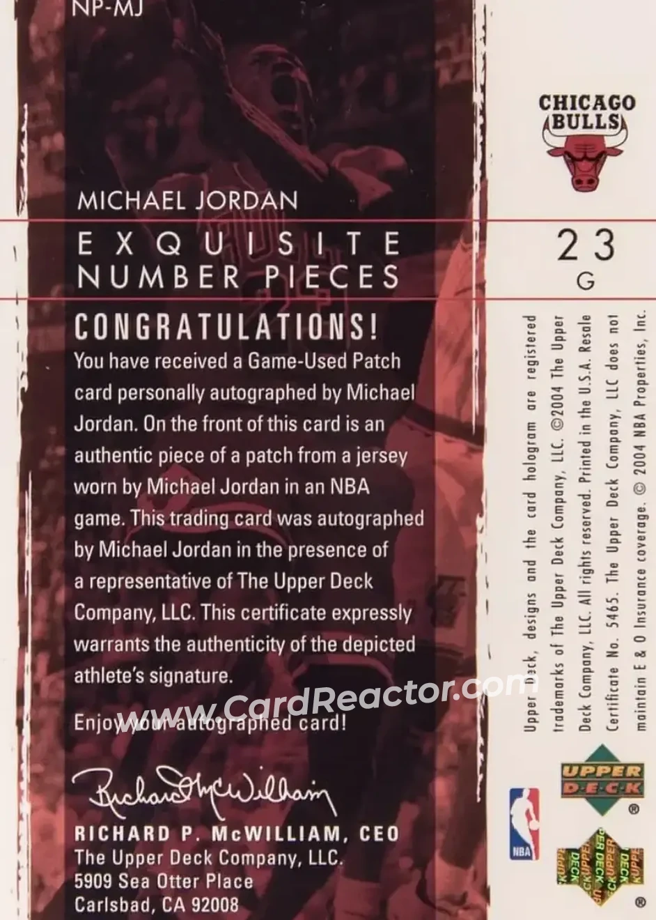 2003-04 Upper Deck Exquisite Collection - Number Piece Autographs #NP-MJ - Michael Jordan - Chicago Bulls - Back