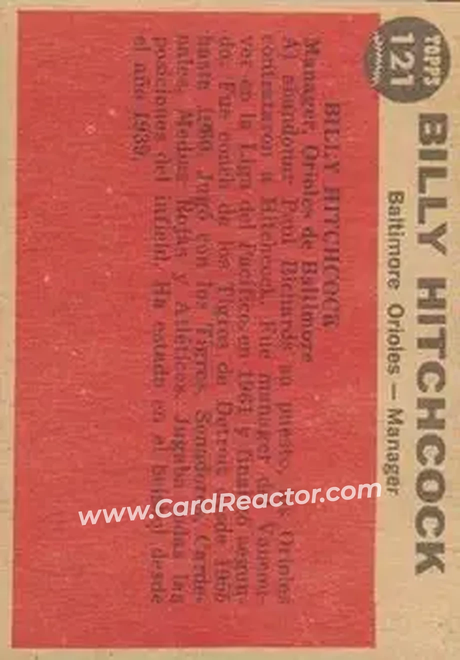 1962 Topps Venezuelan #121 - Billy Hitchcock - Baltimore Orioles - Back 1962 Topps Venezuelan #121 - Billy Hitchcock - Baltimore Orioles - Back