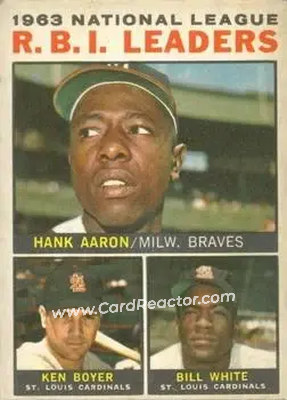 1964 Topps Venezuelan #11 - 1963 National League R.B.I. Leaders (Hank Aaron - Ken Boyer - Bill White) LL - Milwaukee Braves - St. Louis Cardinals - Front