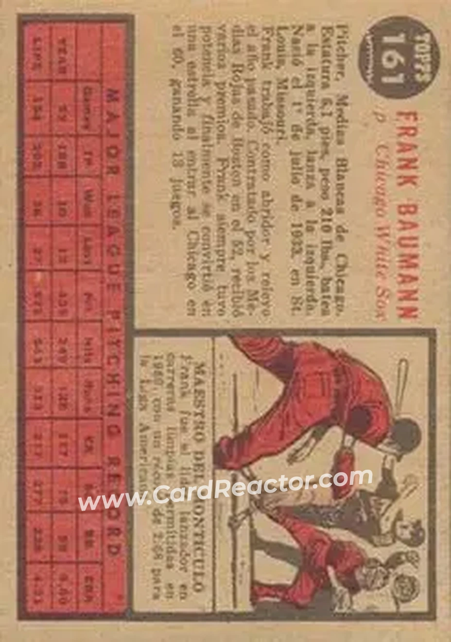 1962 Topps Venezuelan #161 - Frank Baumann - Chicago White Sox - Back 1962 Topps Venezuelan #161 - Frank Baumann - Chicago White Sox - Back