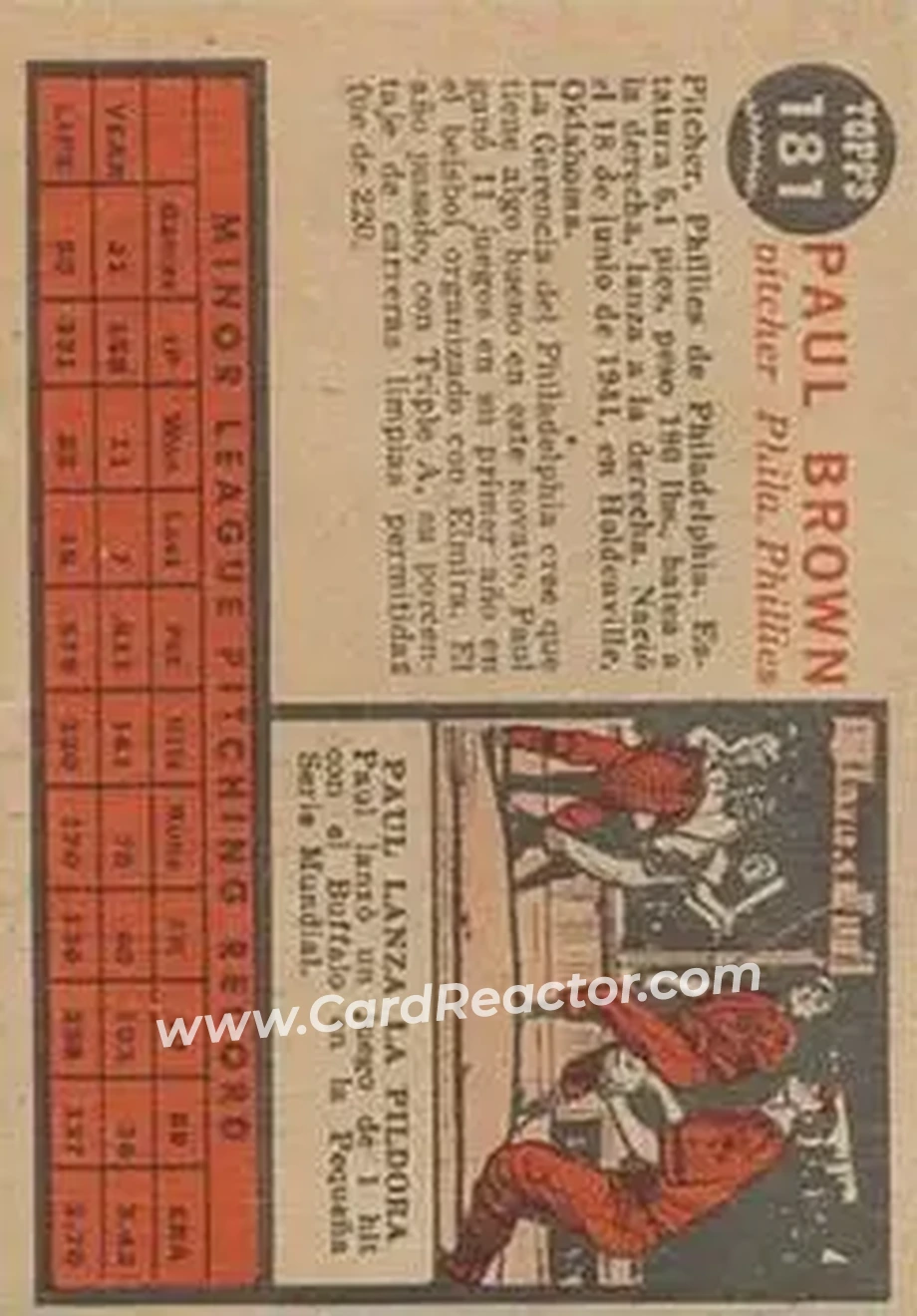1962 Topps Venezuelan #181 - Paul Brown - Philadelphia Phillies - Back