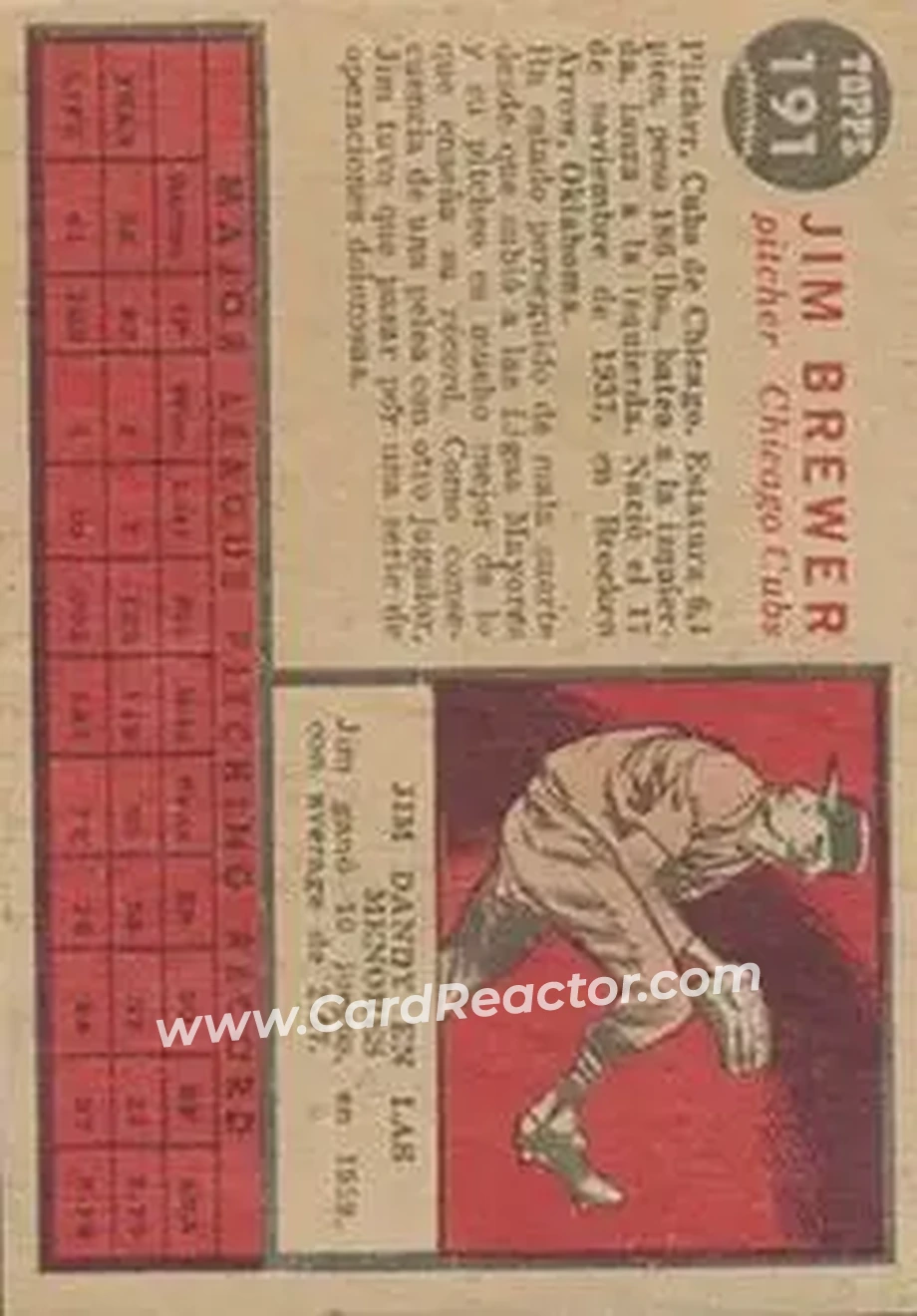 1962 Topps Venezuelan #191 - Jim Brewer - Chicago Cubs - Back 1962 Topps Venezuelan #191 - Jim Brewer - Chicago Cubs - Back