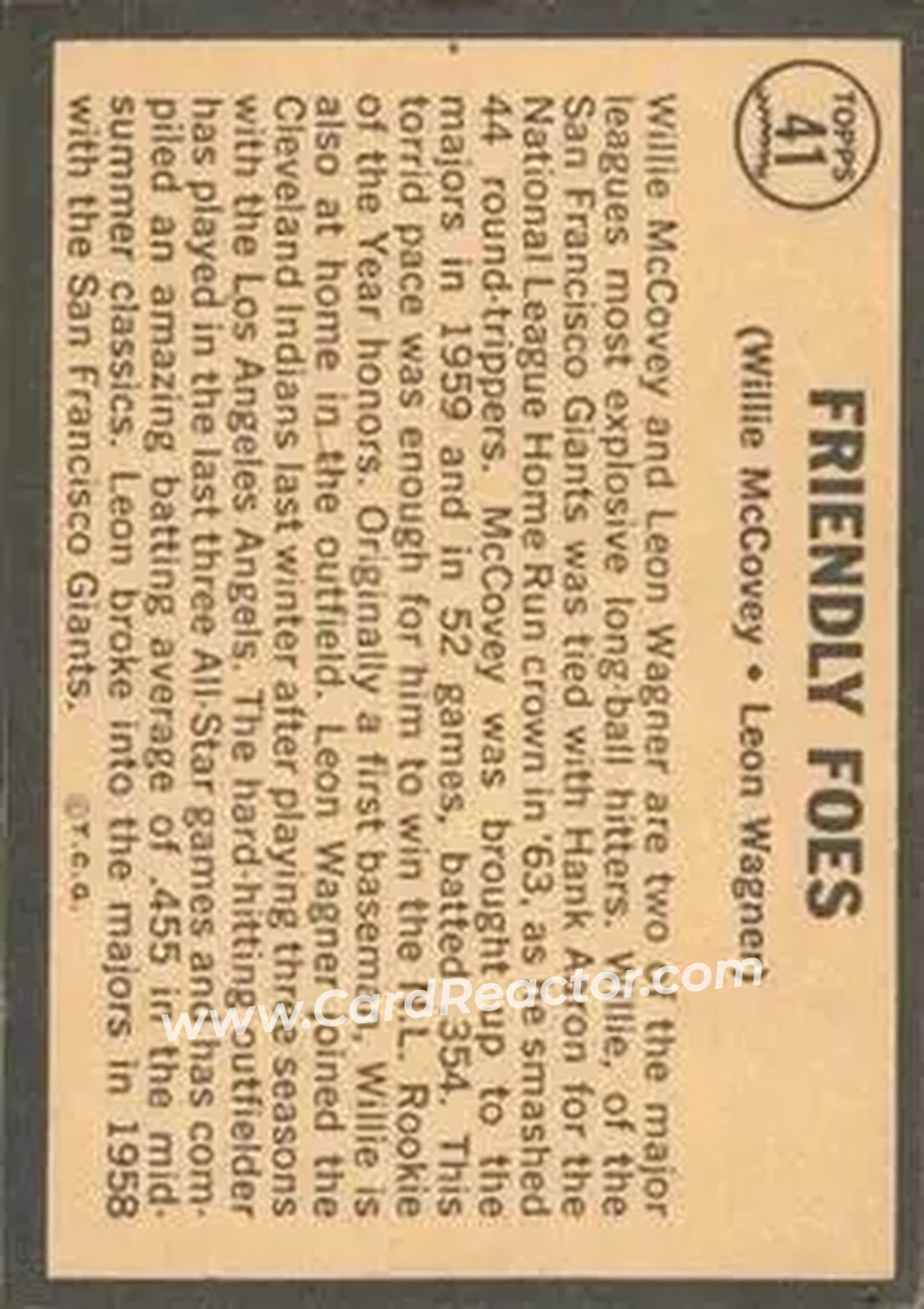 1964 Topps Venezuelan #41 - Friendly Foes (Willie McCovey - Leon Wagner) CPC - San Francisco Giants - Los Angeles Angels - Back