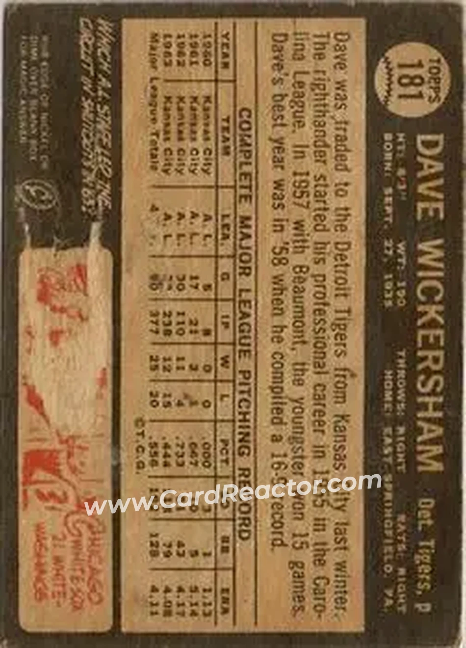 1964 Topps Venezuelan #181 - Dave Wickersham - Detroit Tigers - Back