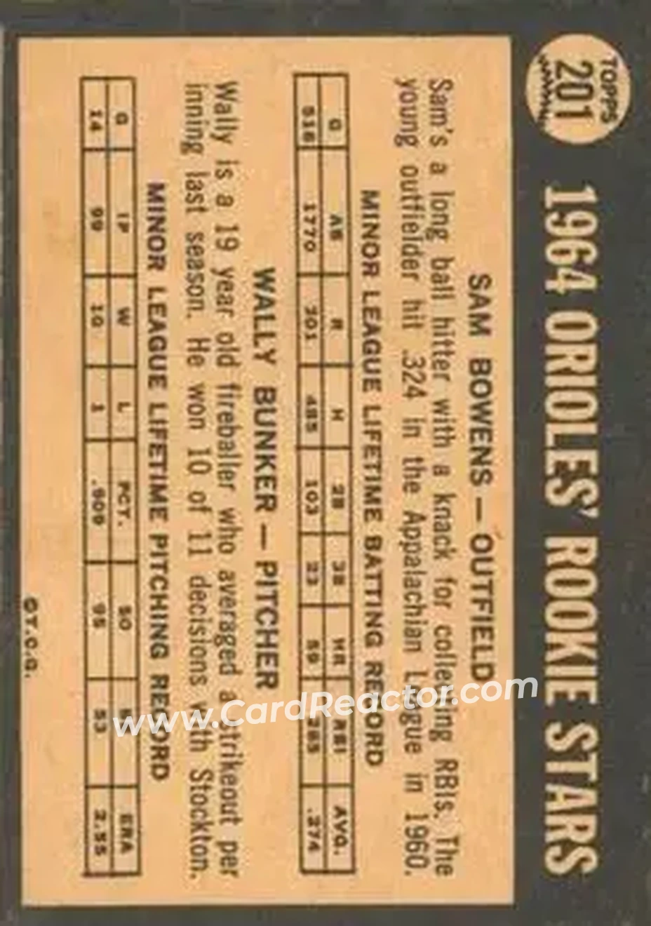 1964 Topps Venezuelan #201 - Orioles 1964 Rookie Stars (Sam Bowens - Wally Bunker) RS, RC - Baltimore Orioles - Baltimore Orioles - Back