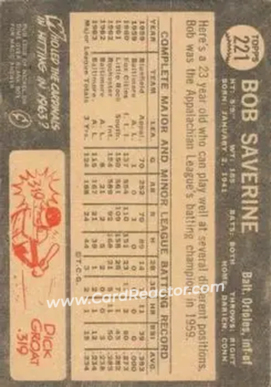 1964 Topps Venezuelan #221 - Bob Saverine - Baltimore Orioles - Back