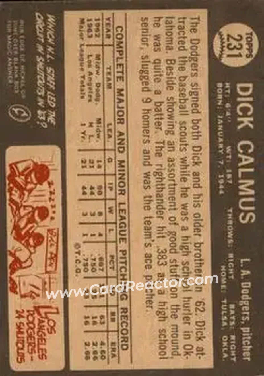 1964 Topps Venezuelan #231 - Dick Calmus - Los Angeles Dodgers - Back