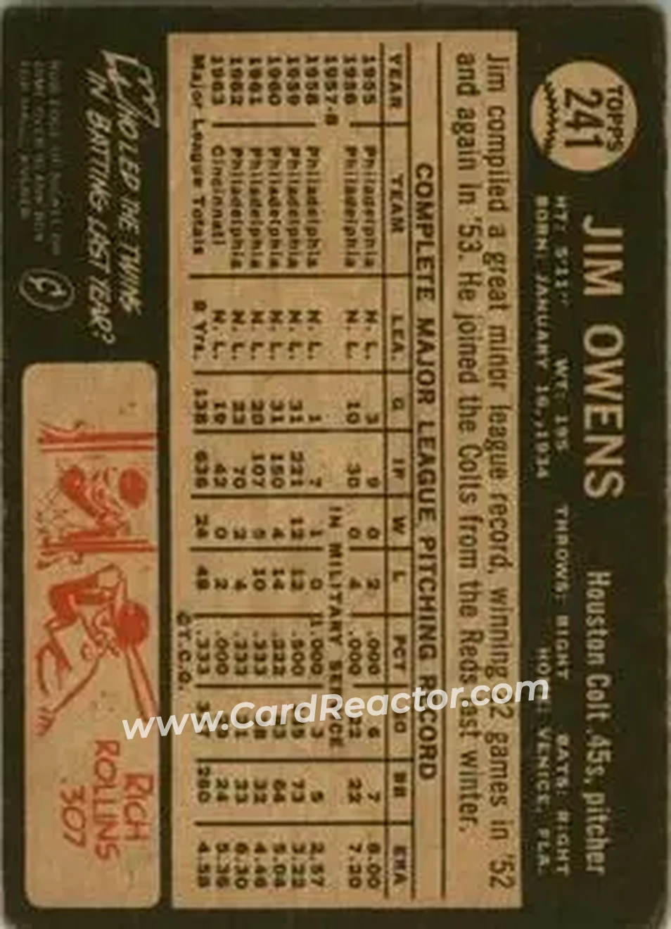 1964 Topps Venezuelan #241 - Jim Owens - Houston Colt .45s - Back 1964 Topps Venezuelan #241 - Jim Owens - Houston Colt .45s - Back