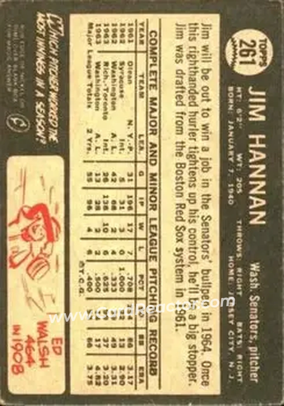 1964 Topps Venezuelan #261 - Jim Hannan - Washington Senators - Back