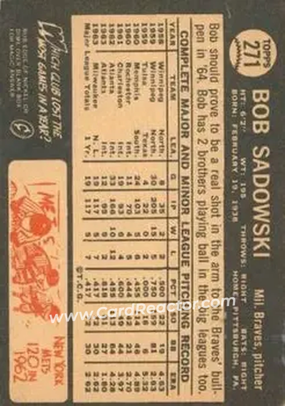 1964 Topps Venezuelan #271 - Bob Sadowski - Milwaukee Braves - Back
