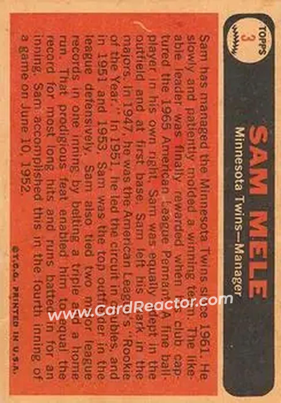 1966 Topps Venezuelan #3 - Sam Mele - Minnesota Twins - Back 1966 Topps Venezuelan #3 - Sam Mele - Minnesota Twins - Back
