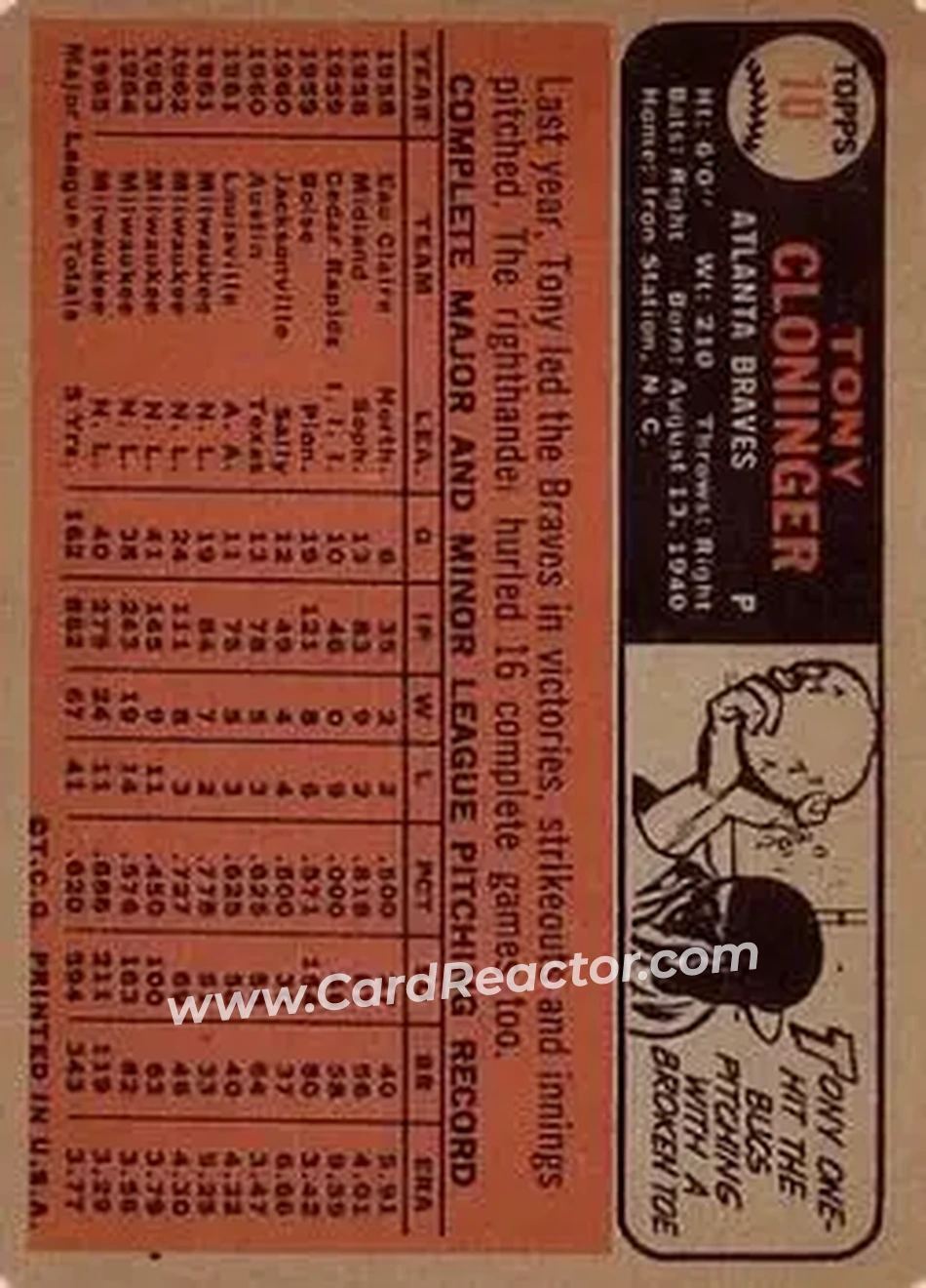 1966 Topps Venezuelan #10 - Tony Cloninger - Atlanta Braves - Back 1966 Topps Venezuelan #10 - Tony Cloninger - Atlanta Braves - Back