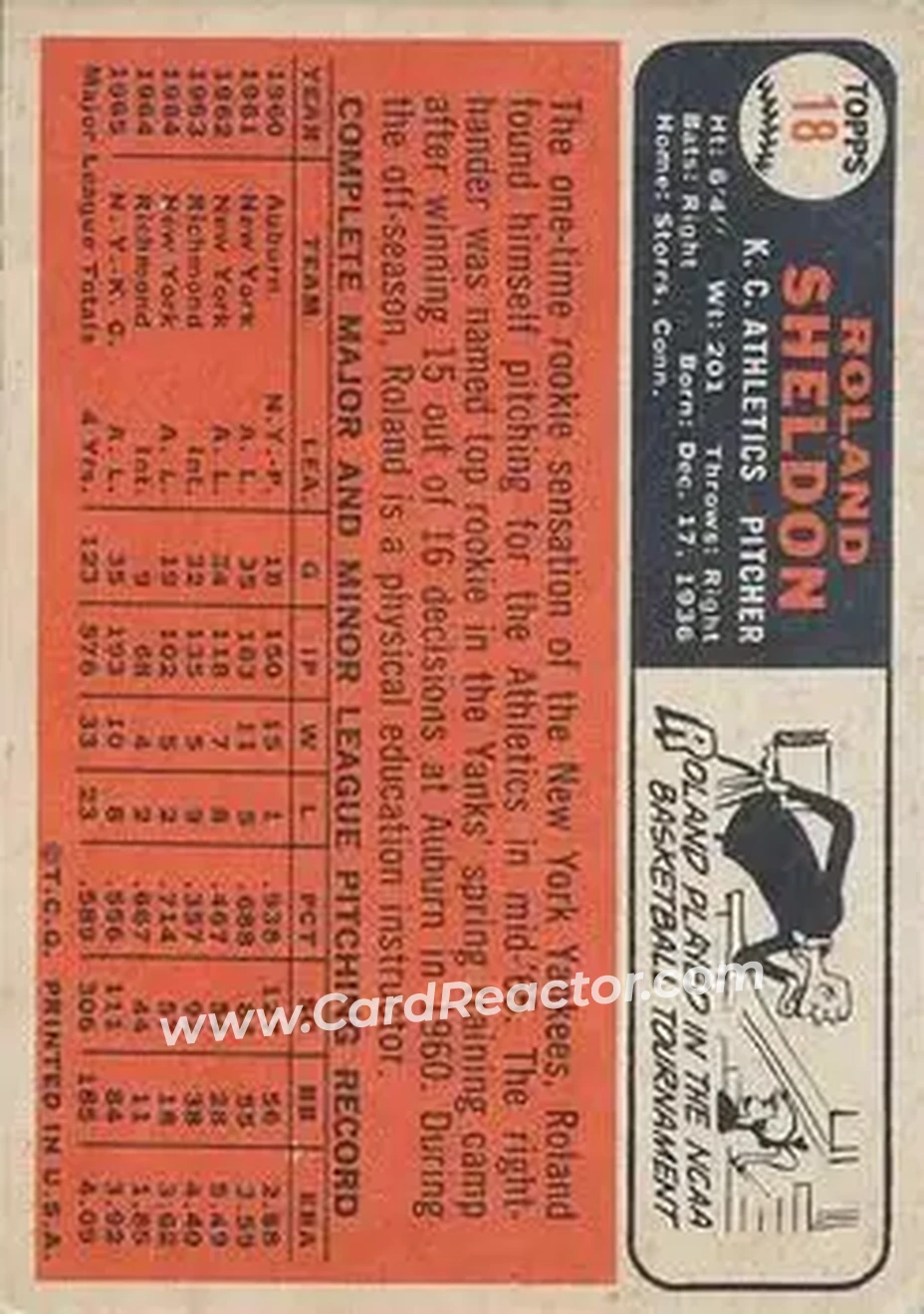 1966 Topps Venezuelan #18 - Roland Sheldon - Kansas City Athletics - Back 1966 Topps Venezuelan #18 - Roland Sheldon - Kansas City Athletics - Back
