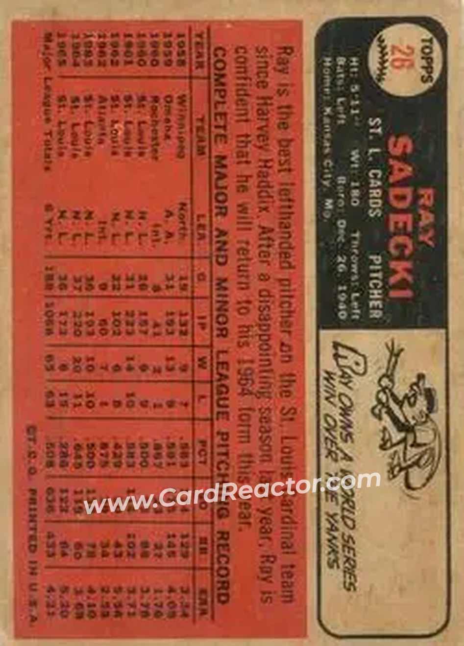 1966 Topps Venezuelan #26 - Ray Sadecki - St. Louis Cardinals - Back 1966 Topps Venezuelan #26 - Ray Sadecki - St. Louis Cardinals - Back