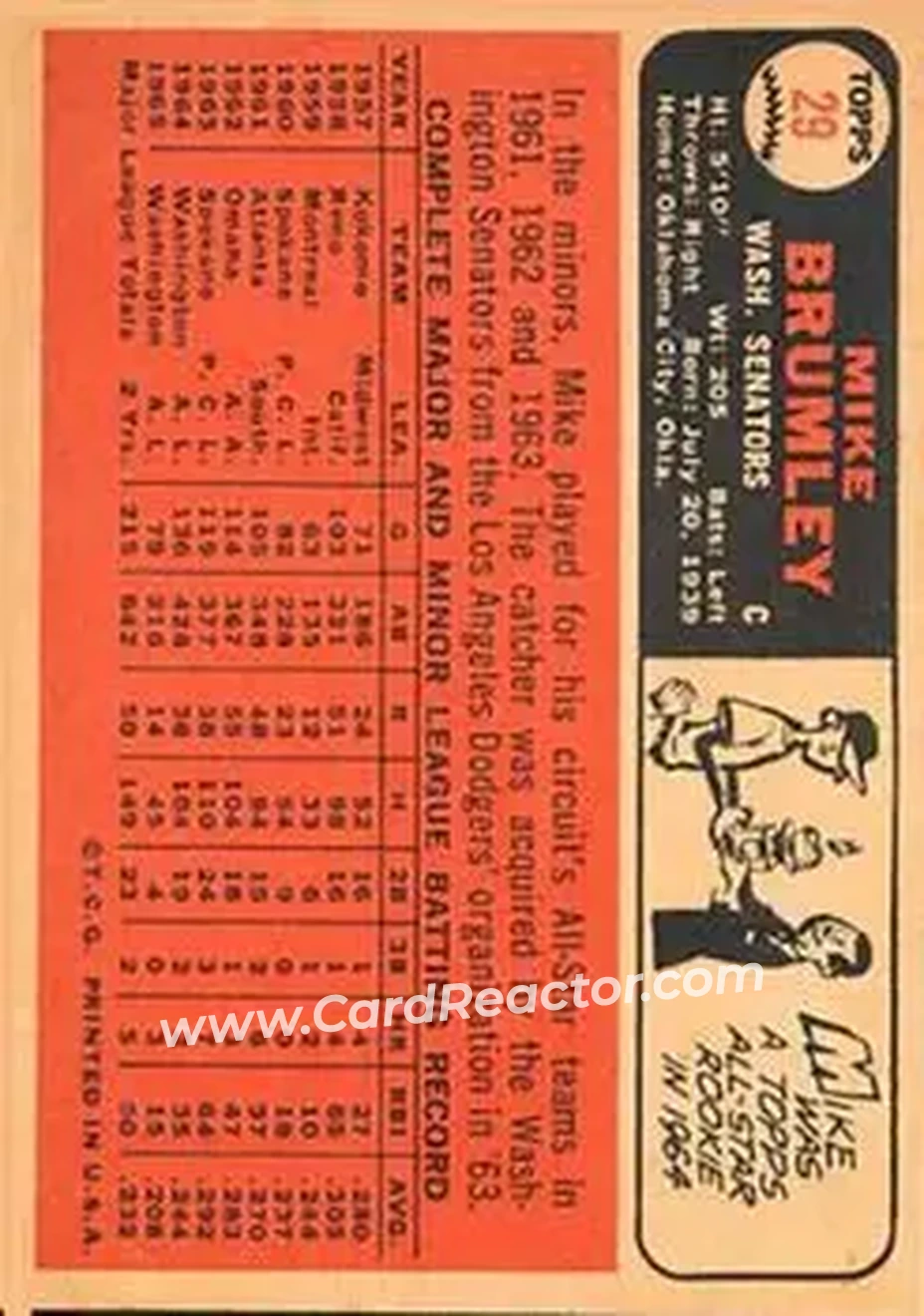 1966 Topps Venezuelan #29 - Mike Brumley - Washington Senators - Back