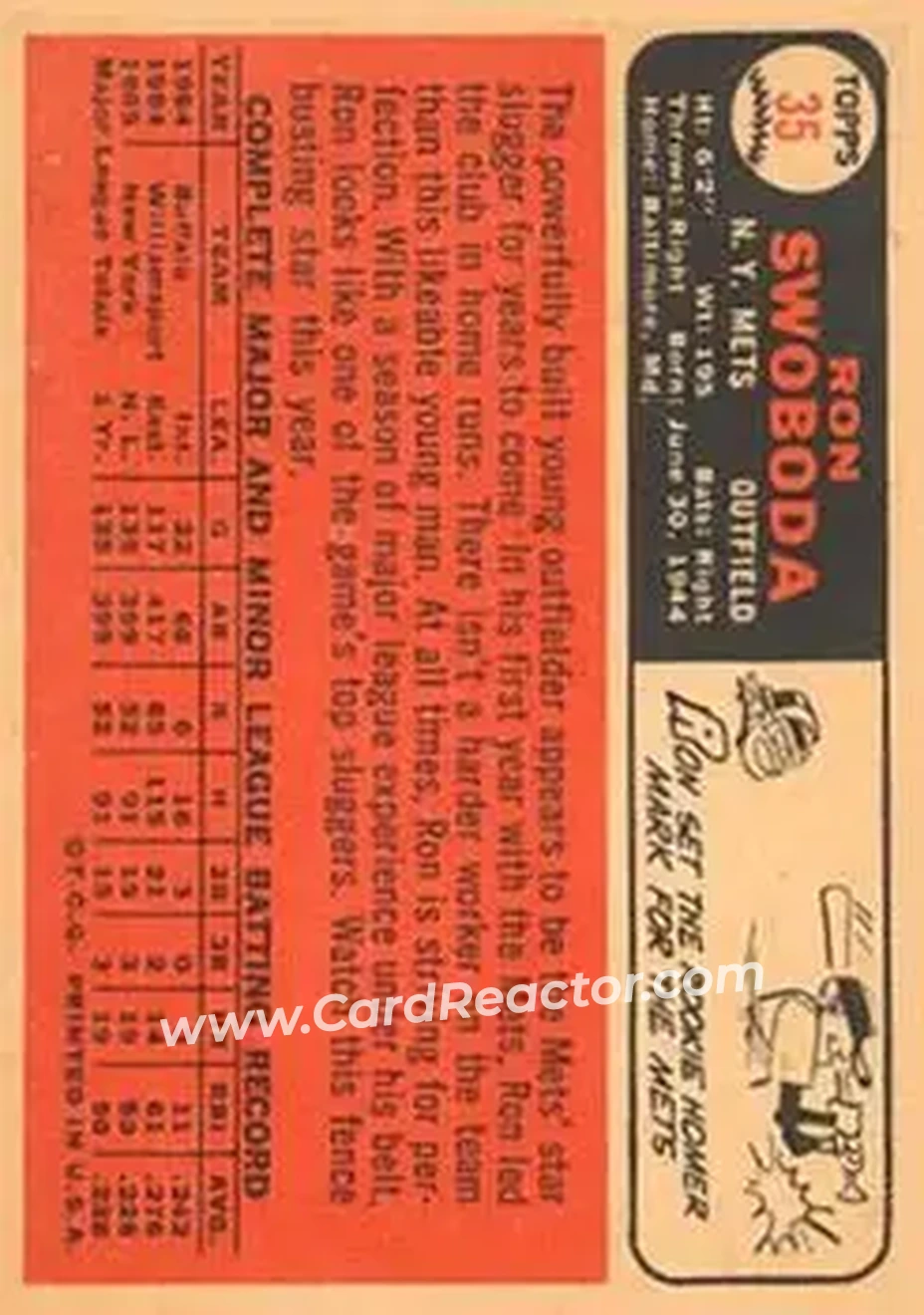 1966 Topps Venezuelan #35 - Ron Swoboda - New York Mets - Back 1966 Topps Venezuelan #35 - Ron Swoboda - New York Mets - Back