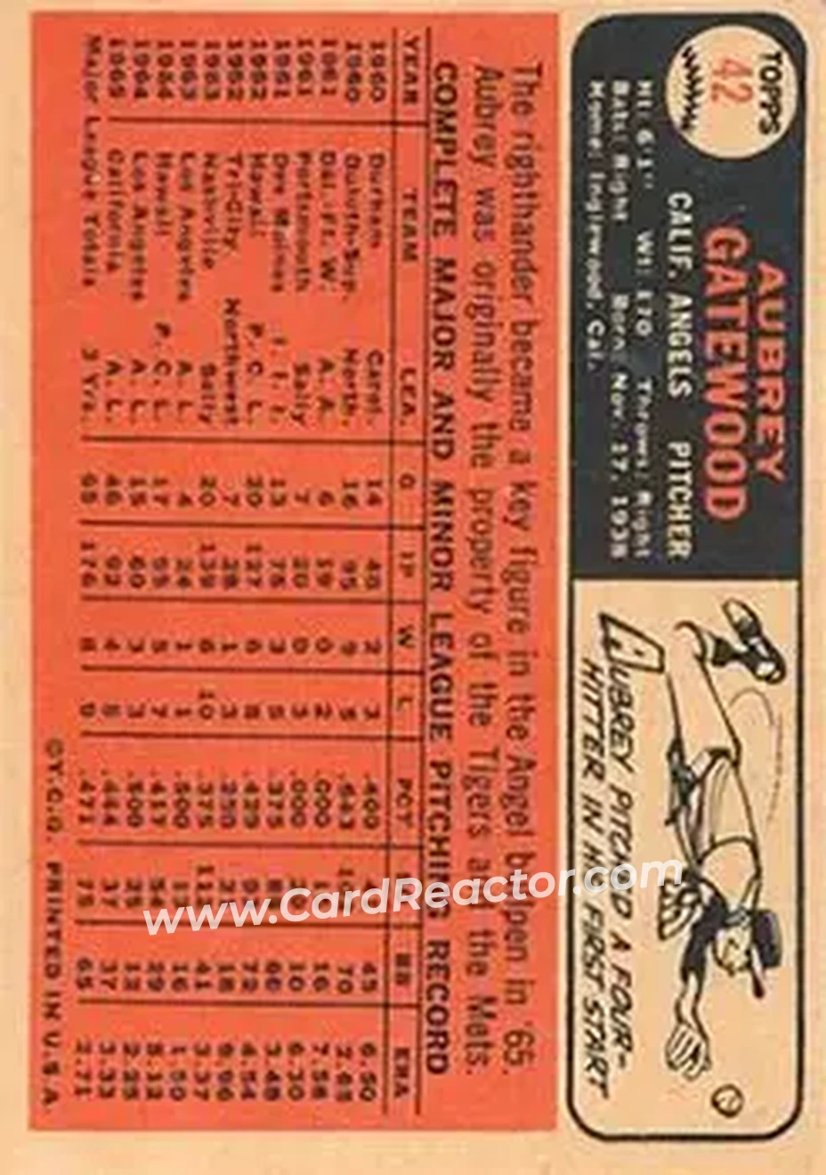 1966 Topps Venezuelan #42 - Aubrey Gatewood - California Angels - Back 1966 Topps Venezuelan #42 - Aubrey Gatewood - California Angels - Back