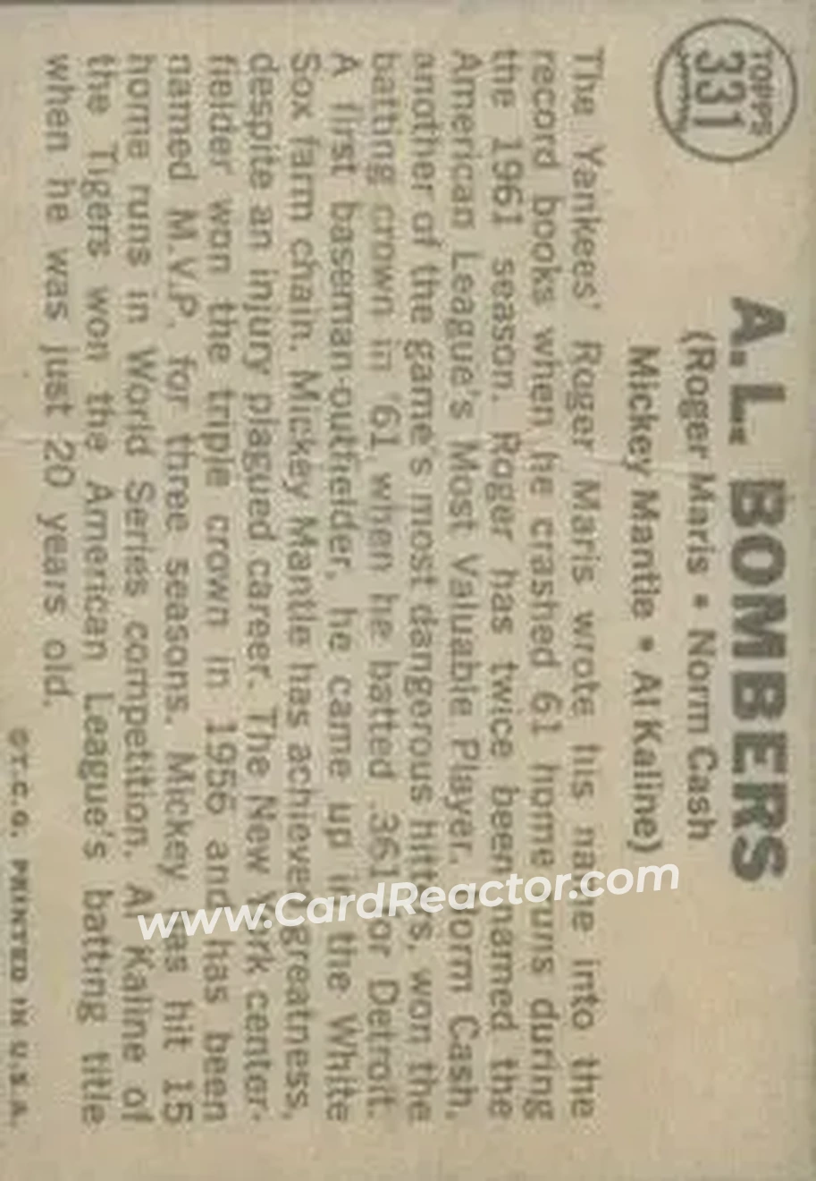 1964 Topps Venezuelan #331 - A.L. Bombers (Roger Maris - Norm Cash - Mickey Mantle - Al Kaline) CPC - New York Yankees - Detroit Tigers - Back