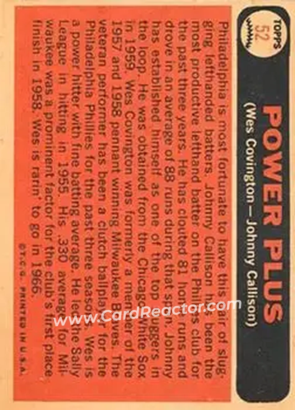 1966 Topps Venezuelan #52 - Power Plus (Wes Covington - Johnny Callison) CPC - Philadelphia Phillies - Philadelphia Phillies - Back 1966 Topps Venezuelan #52 - Power Plus (Wes Covington - Johnny Callison) CPC - Philadelphia Phillies - Philadelphia Phillies - Back