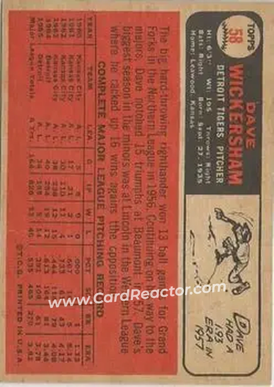 1966 Topps Venezuelan #58 - Dave Wickersham - Detroit Tigers - Back 1966 Topps Venezuelan #58 - Dave Wickersham - Detroit Tigers - Back